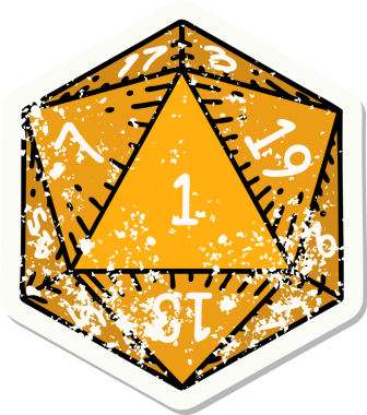 Bir insan tarafından çizilmiş 1 D20 zarının grunge sticker 'ı