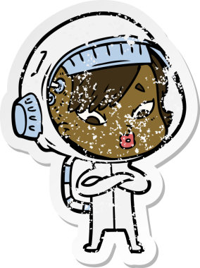 Bir insan tarafından çizilmiş karikatür astronot kadının sıkıntılı çıkartması.