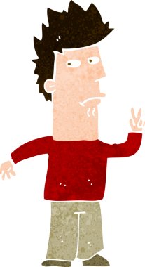 Karikatürist bir insan tarafından çizilmiş barış işareti veriyor.