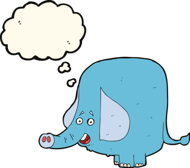 Bir insan tarafından çizilmiş düşünce baloncuklu komik bir fil.