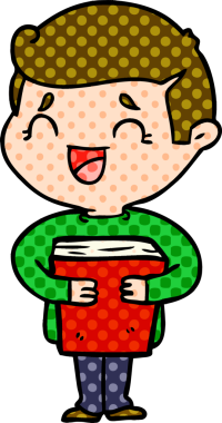 Bir insan tarafından çizilmiş bir kitabı tutan gülen adam.