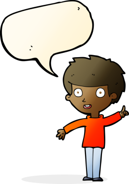 Bir insan tarafından çizilmiş konuşma baloncuğu fikri olan çizgi film çocuğu.