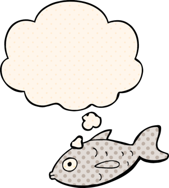 Bir insan tarafından çizilmiş, düşünce baloncuklu çizgi film balığı.