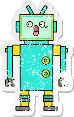 Bir insan tarafından çizilmiş sevimli bir robot çizgi film çıkartması.