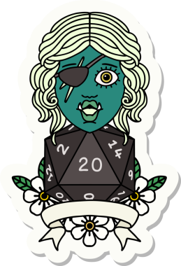 Bir insan tarafından çizilmiş 20 zarlı yarı ork haydut bir karakterin çıkartması.