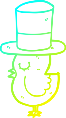 Bir insan tarafından çizilmiş silindir şapkalı çizgi film kuşunun çizimi.