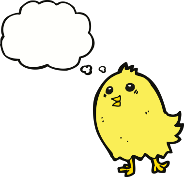 Bir insan tarafından çizilmiş düşünce baloncuklu mutlu sarı kuş.