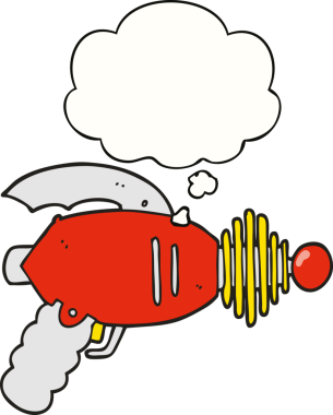 Bir insan tarafından çizilmiş düşünce baloncuklu bir ışın tabancası.