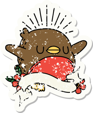 Bir insan tarafından çizilmiş eski bir dövme stili kanat çırpan robin çıkartması.