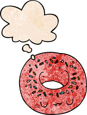 Bir insan tarafından çizilmiş grunge desenli düşünce baloncuklu çizgi film donutu.