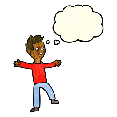 Bir insan tarafından çizilmiş düşünce baloncuğu ile ürkmüş bir çocuk.