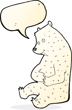 Bir insan tarafından çizilmiş konuşma balonlu mutlu kutup ayısı çizgi filmi.