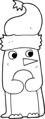 Bir insan tarafından çizilmiş noel şapkalı siyah beyaz penguen çizimi.