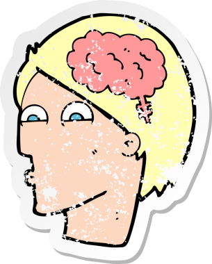 Bir insan tarafından çizilmiş beyin sembolü olan karikatür kafasının gerilimli retro yapıştırması