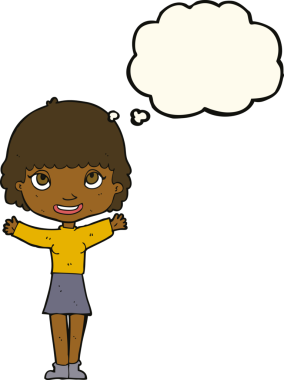 Bir insan tarafından çizilmiş düşünce baloncuğuyla el sallayan çizgi film kadını.