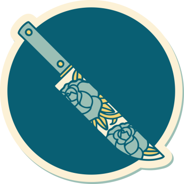 Geleneksel bir hançer stili dövme çıkartması ve bir insan tarafından çizilmiş çiçekler.