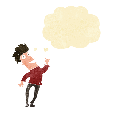 Bir insan tarafından çizilmiş düşünce balonlu mutlu adam çizgi filmi.