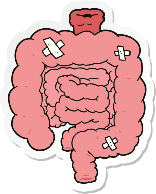 Bir insan tarafından çizilmiş karikatür etiketi tamir edilmiş bağırsaklar.