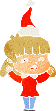 Bir insan tarafından çizilmiş Noel Baba şapkası giyen endişeli bir kadının el çizimi karikatürü.