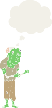 Düşünce baloncuğu olan bir insan tarafından çizilmiş bir zombi çizgi filmi.