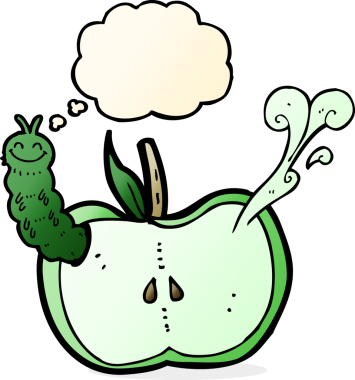 Bir insan tarafından çizilmiş düşünce baloncuklu bir elma.