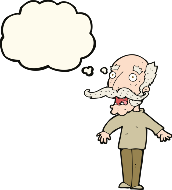 Bir insan tarafından çizilen düşünce baloncuğuyla şaşırmış yaşlı adam çizgi filmi.