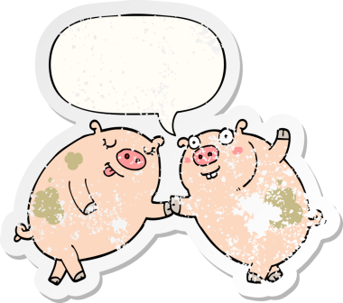 Çizgi filmdeki domuzlar konuşma baloncuğuyla dans ediyorlar. Bir insan tarafından çizilmiş sıkıntılı eski bir çıkartma.