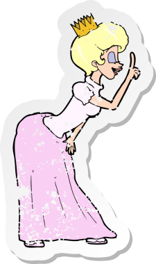 Bir insan tarafından çizilmiş karikatür prensesinin kederli retro yapıştırması.