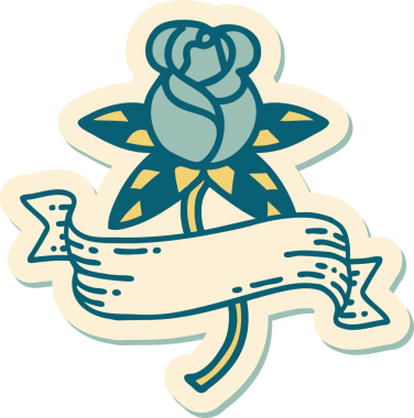 Bir insan tarafından çizilmiş gül ve pankartın geleneksel stiliyle dövme çıkartması.