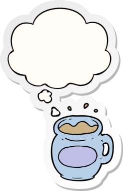 Düşünce baloncuklu çizgi film kahve fincanı insan tarafından çizilmiş bir çıkartma.