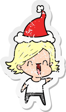 Bir insan tarafından çizilmiş Noel Baba şapkası giymiş mutlu bir kadının el çizimi karikatürü.