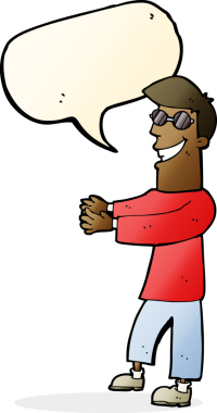 Bir insan tarafından çizilmiş konuşma balonlu gözlüklü sırıtan çizgi film adamı.