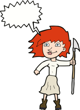 Bir insan tarafından çizilmiş, mızraklı, konuşma balonlu bir kadın.