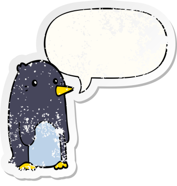 Konuşma baloncuğu olan karikatür pengueni bir insan tarafından çizilmiş sıkıntılı eski bir çıkartma