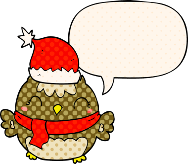 Bir insan tarafından çizilmiş çizgi roman tarzında konuşma balonu olan sevimli noel baykuşu.