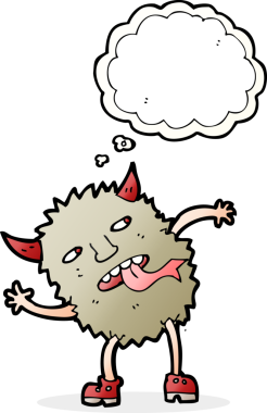 Bir insan tarafından çizilmiş düşünce baloncuklu komik çizgi film canavarı.