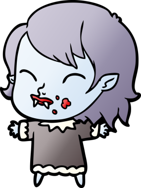 Bir insan tarafından çizilmiş yanağında kan olan vampir kız çizgi filmi.