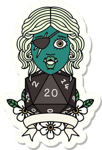 Bir insan tarafından çizilmiş 20 zarlı yarı ork haydut bir karakterin çıkartması.