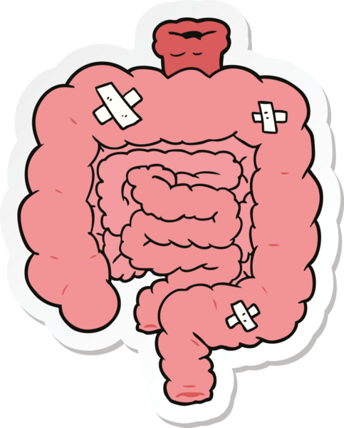 Bir insan tarafından çizilmiş karikatür etiketi tamir edilmiş bağırsaklar.