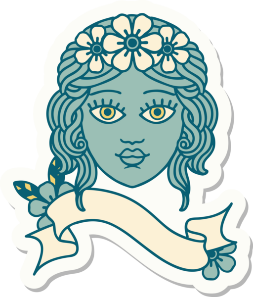 Bir insan tarafından çizilmiş çiçek taçlı kadın yüzü pankartlı dövme stili.