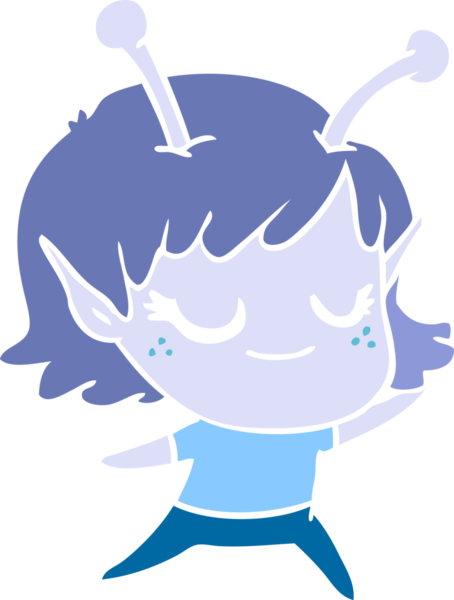 Gülümseyen uzaylı kız düz renkli çizgi film bir insan tarafından çizildi.