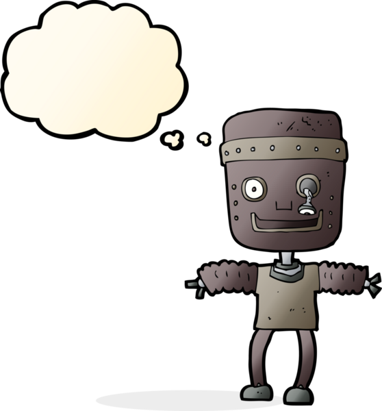 Bir insan tarafından çizilmiş düşünce baloncuklu çizgi film robotu