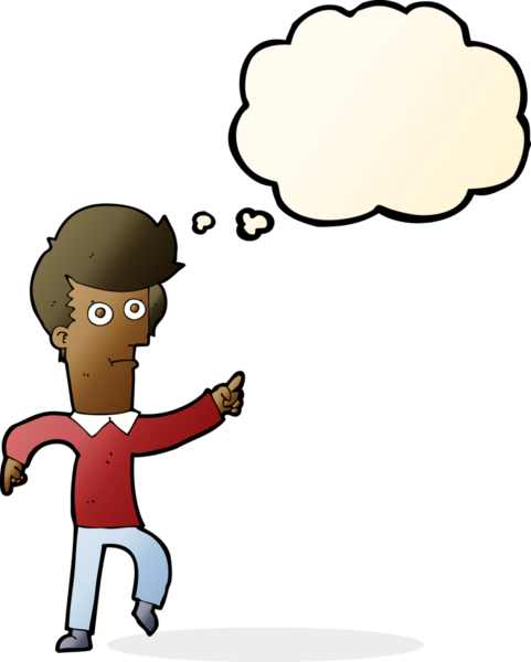 Bir insan tarafından çizilen düşünce baloncuğuyla işaret eden çizgi film adamı.