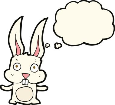 Bir insan tarafından çizilmiş düşünce kabarcığı olan çizgi film tavşanı.