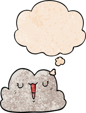 Bir insan tarafından çizilmiş grunge doku tarzında düşünce baloncuğu olan sevimli çizgi film bulutu.