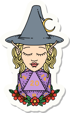 Bir insan tarafından çizilmiş doğal yirmi zarlı elf büyücü karakterinin çıkartması.