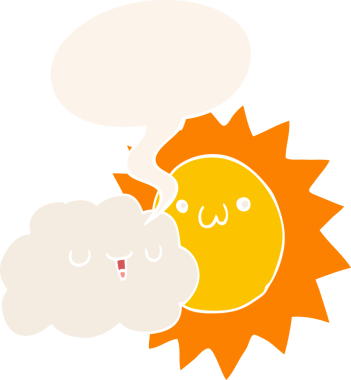 bir insan tarafından çizilmiş, eski moda konuşma baloncuklu güneş ve bulut.