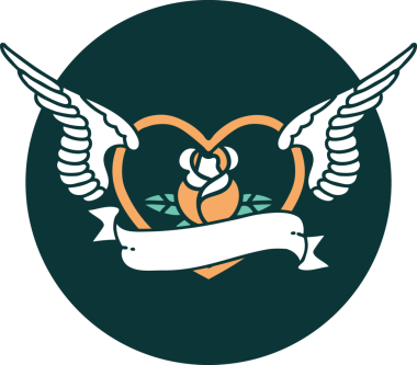 Bir insan tarafından çizilmiş çiçek ve bayrak ile uçan bir kalbin ikonik dövme görüntüsü