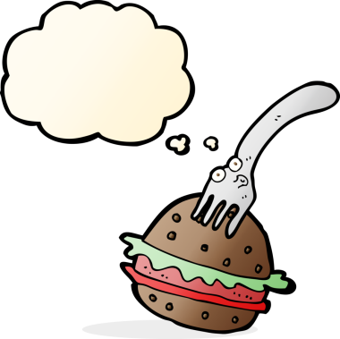 Bir insan tarafından çizilmiş düşünce baloncuklu çatal ve hamburger.