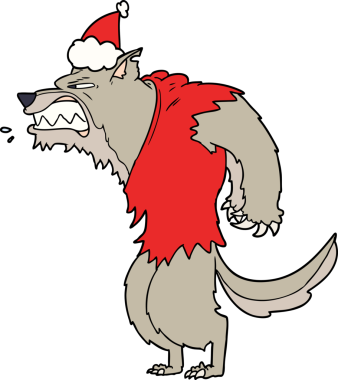 Kızgın kurtadamın çizdiği çizgili Noel Baba şapkası bir insan tarafından çizilmiş.